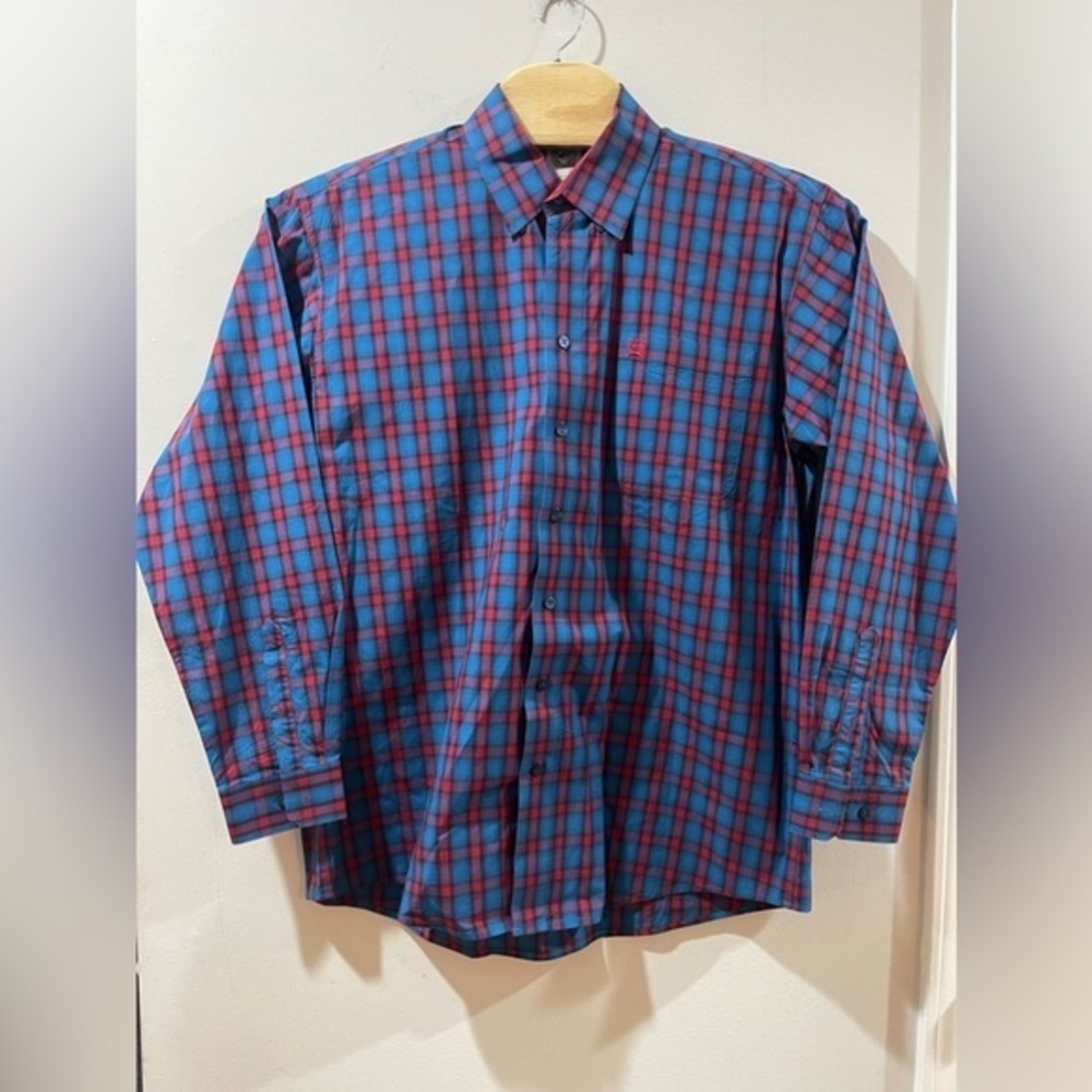 Cinch red‎ blue white plaid button up long sleeve western shirt collared L